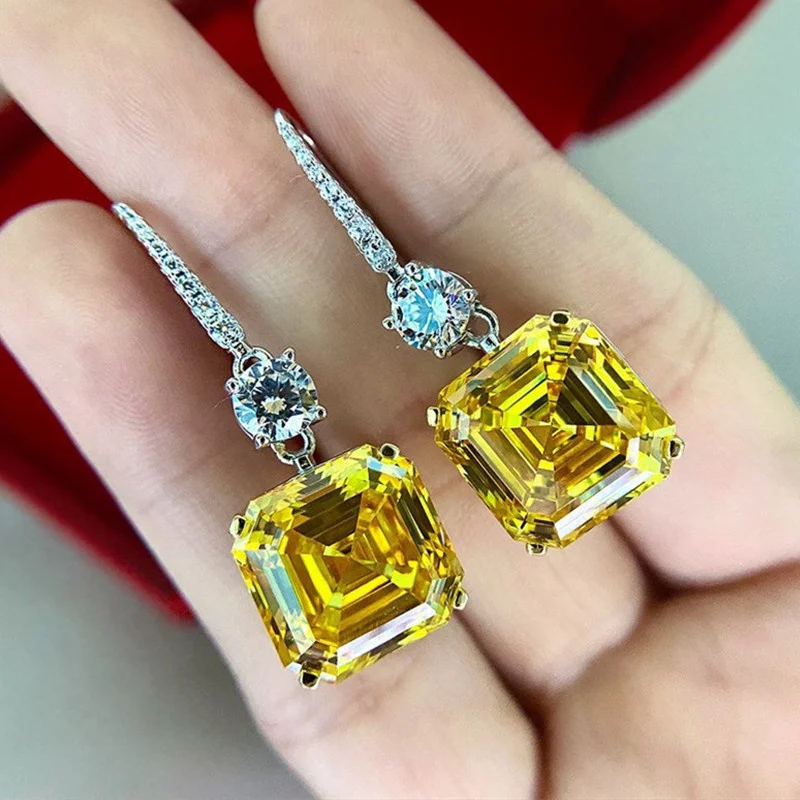 CAOSHI Customize Women Silver Plated Wedding Bridal Jewelry Princess Cut Yellow CZ Gemstone Square Shaped Zircon Dangle Earrings