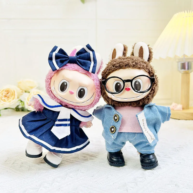L-1995 17cm Pendant blind box replacement Doll double buckle Denim three-piece suit Cute Dress Outfit Clothes Only Labubu