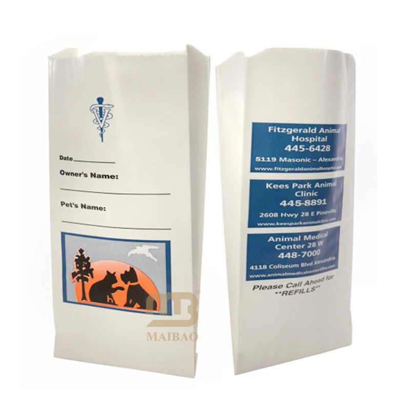 wholesale Custom printing Animal pharmacy sos bags pet hospital Veterinary prescribtion drug white craft  kraft paper bag