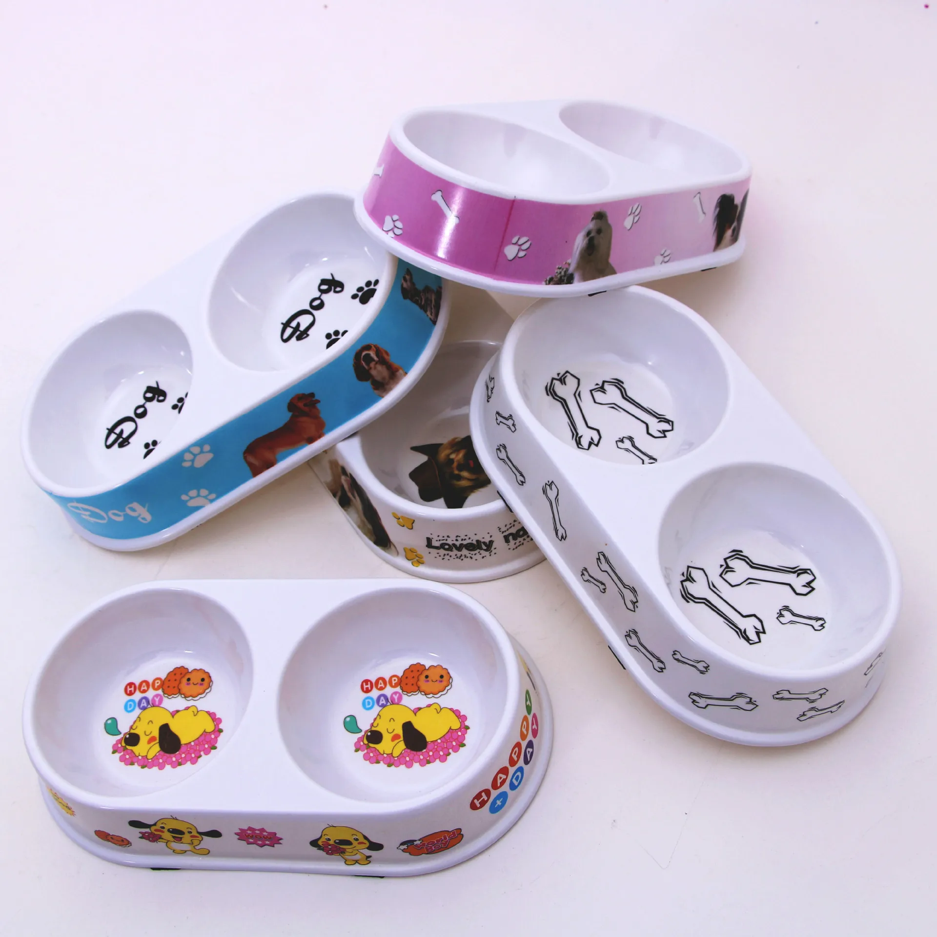 Premium Quality Colorful Melamine Printed  Round Double Dog Bowl Plastic Pet Food Bowl