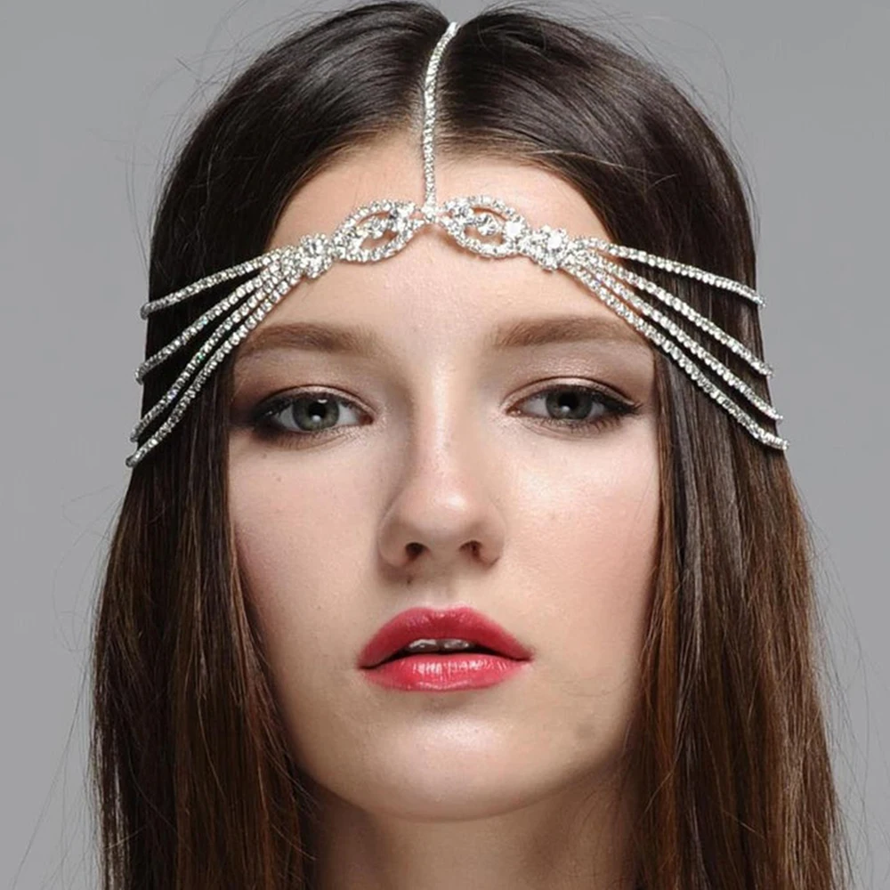 Bohemian Multi-layer Rhinestone Bridal Headband Chain for Women Wedding Crystal Forehead Hair Accessories