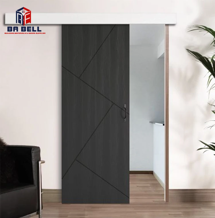 Sliding simple black wooden barn door mdf hdf room interior modern design wood door