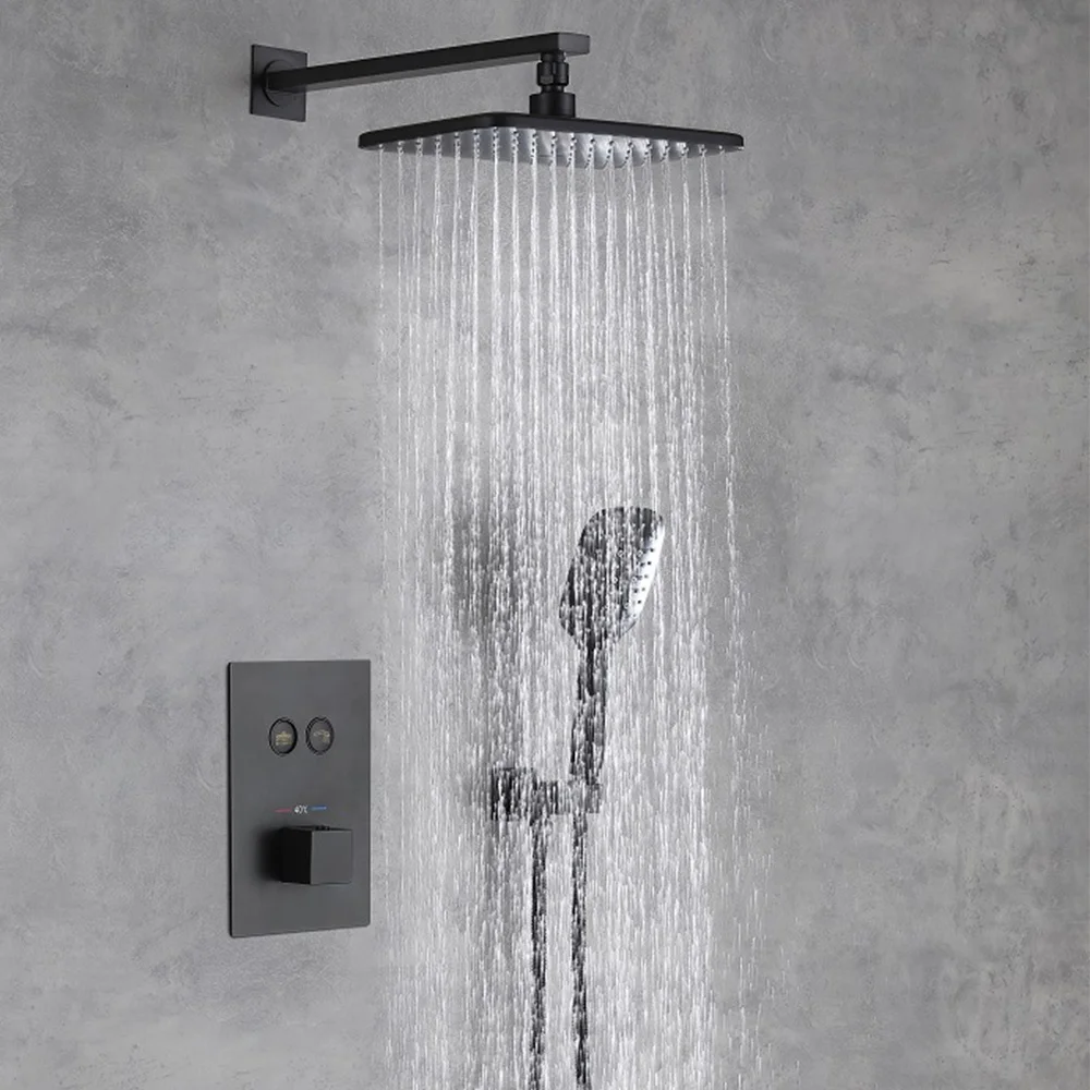 Hotel and family use Button Touch two functions black in wall bathroom thermostatic concealed shower system