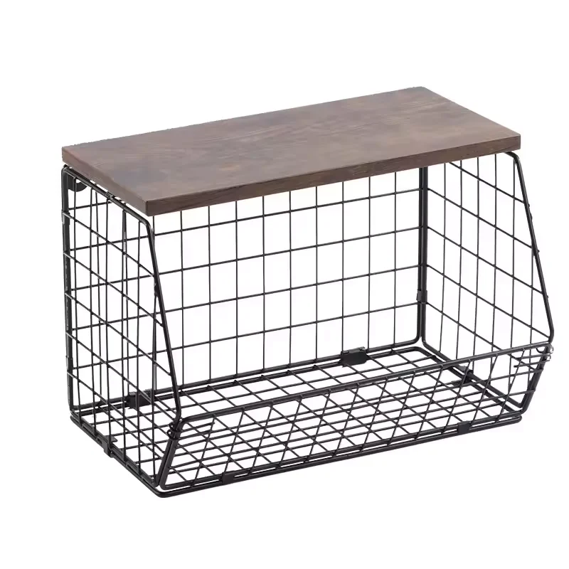 DS-Home  Kitchen Counter Organizer Fruit Basket metal Wire Baskets with Wood Lid
