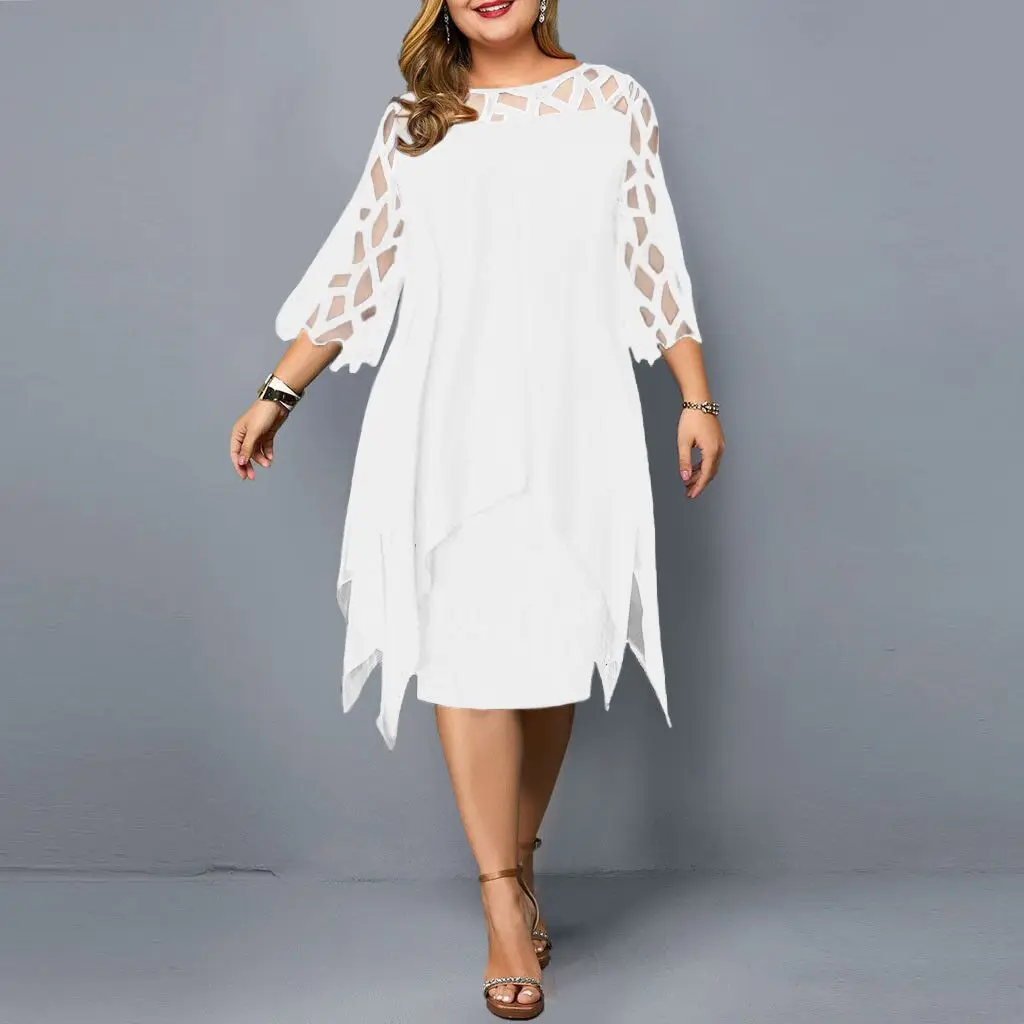 Wholesale European American Seven-Point Sleeve Irregular Hem Chiffon Dress with Lace Stitching Available on