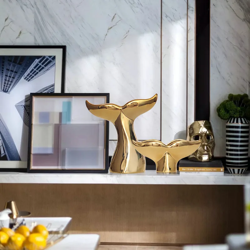 Nordic Style 4 Models Size Luxury Gold-plated Whale Tail Home Desktop Decor Ceramic Crafts Ornaments  decor for home