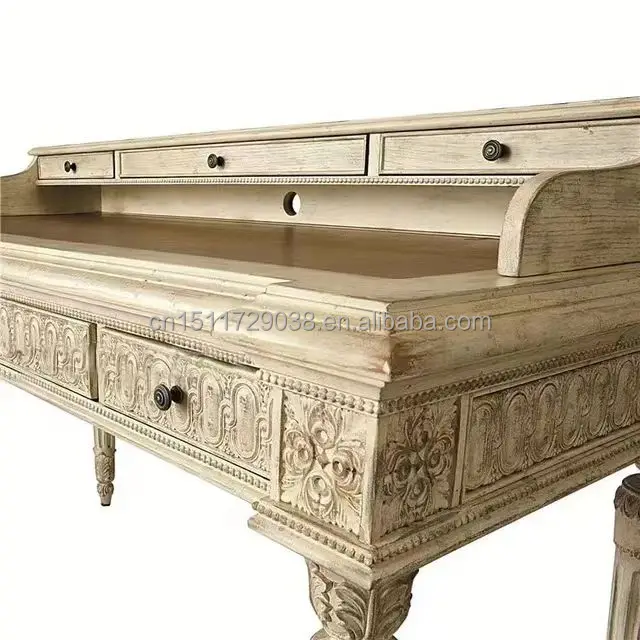High quality French Louis antique style carved solid wood oak wooden Home Office desk table