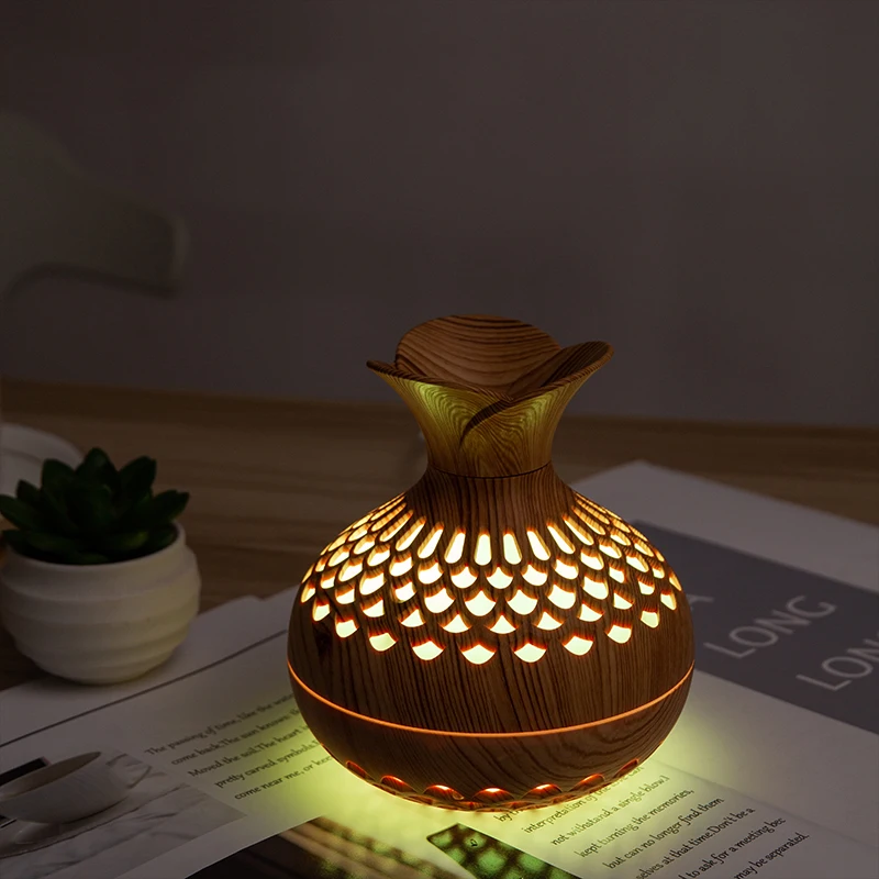 Portable 300ml Wood Grain 7 Color Led Night Light Ultrasonic Mini Flower Humidifier For Home Bedroom Office