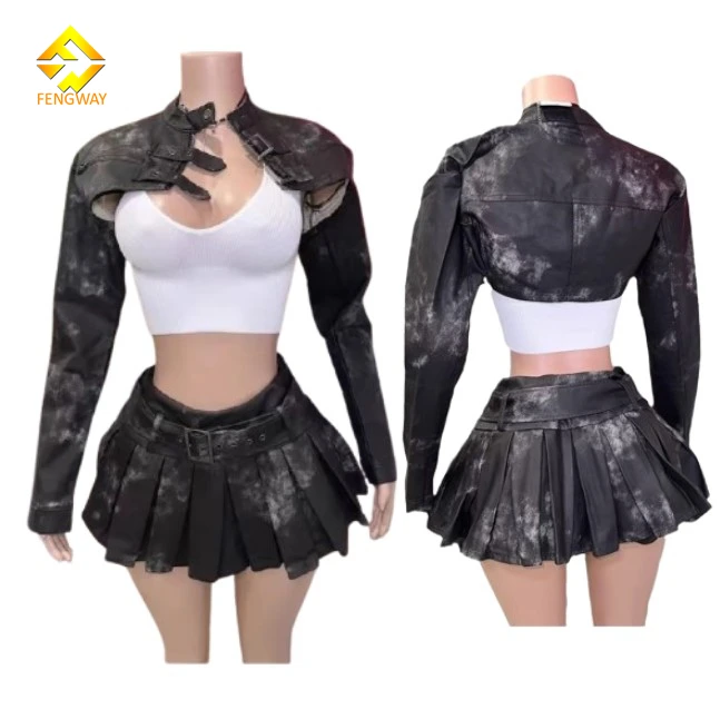 2024 autumn and winter women retro PU leather jacket with mini skirts suit sexy two piece leather set for women
