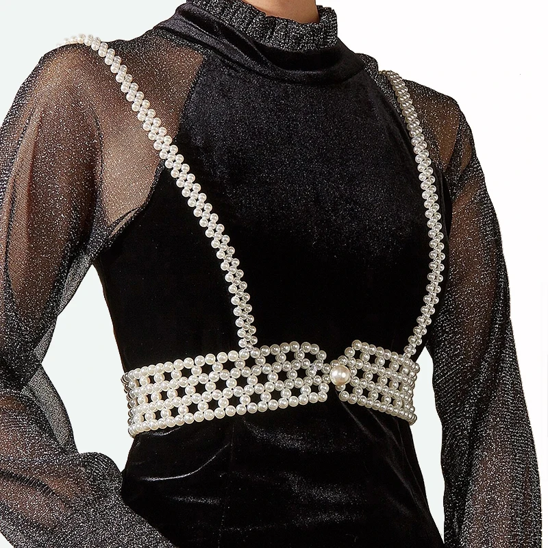 Fashion Trends Handmade Beaded Belt Harness Vest Body Jewelry Pearl Beaded Elastic Belt All Match Shirts Dress