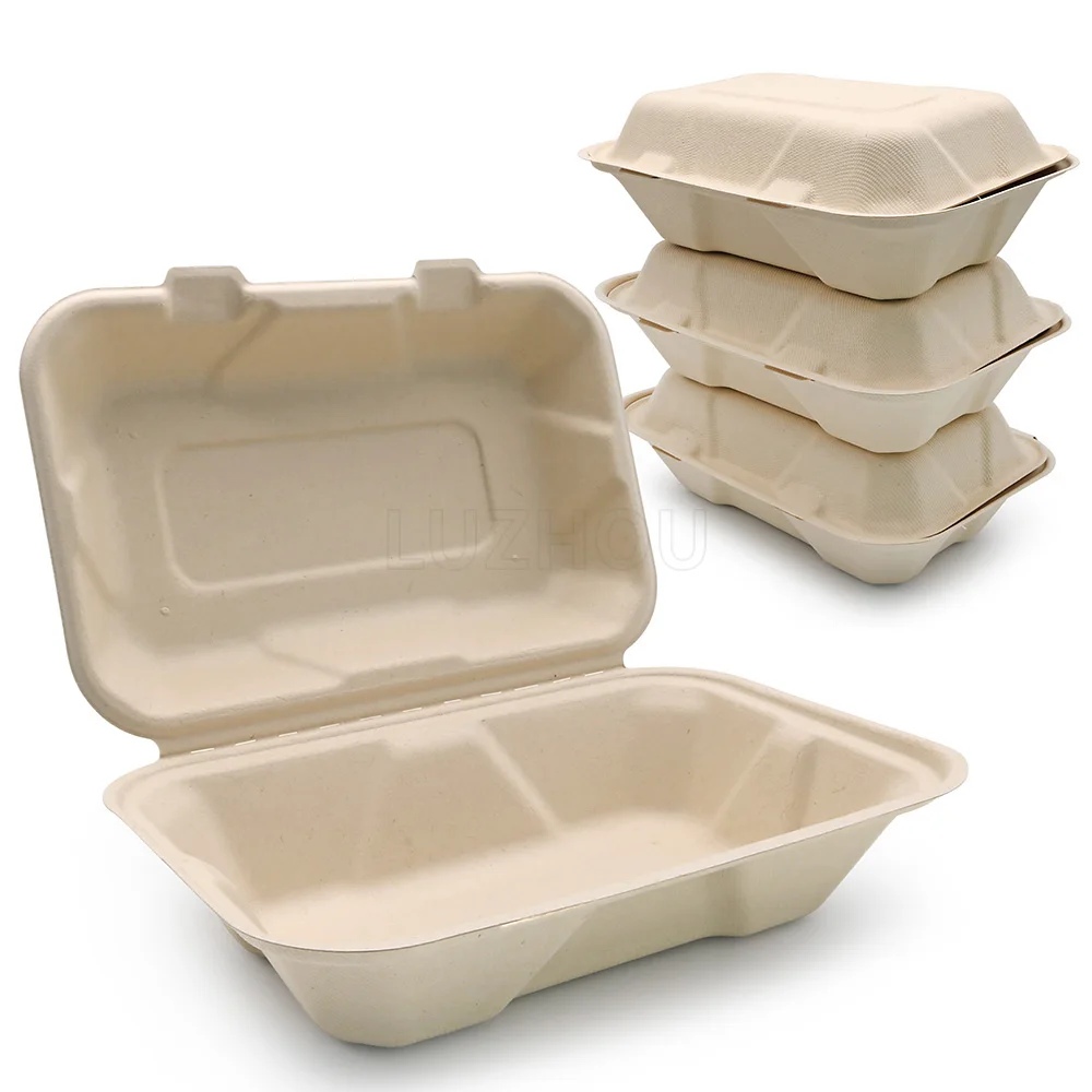 LuzhouPack New 2024 850ml 9 Inch Biodegradable & Compostable Bagasse disposable togo box food