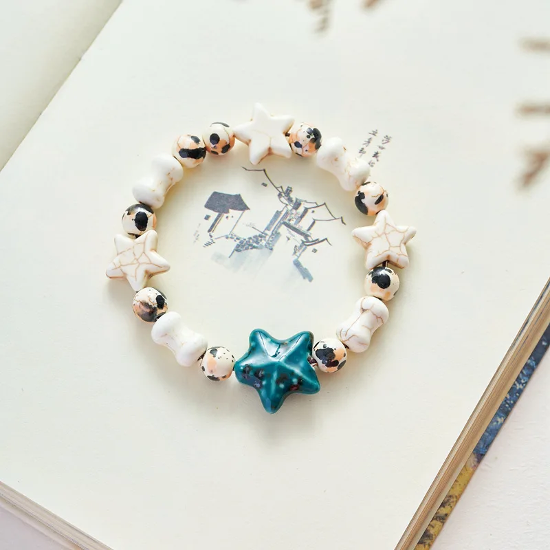 Cute Temperament Ceramic Jewelry Gift Cartoon Cat  Star Butterfly Shell Hand-Woven Beaded Bracelet For Girls