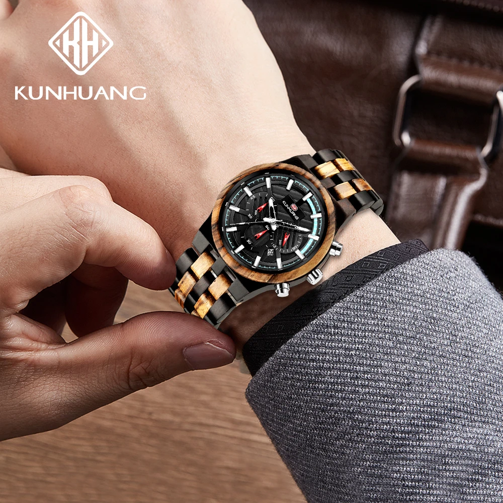 Private Label Natural Wooden Wrist Watch Men Fashion Chronograph Wood Watch