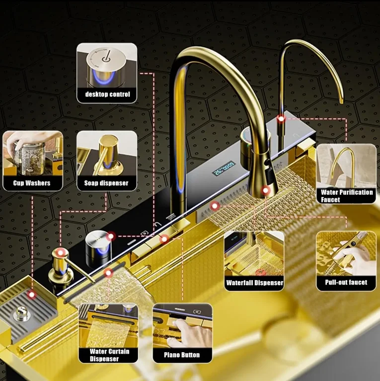 Gold SUS smart kitchen sink stainless steel hand made nano kitchen sink waterfall kitchen sink with digital display