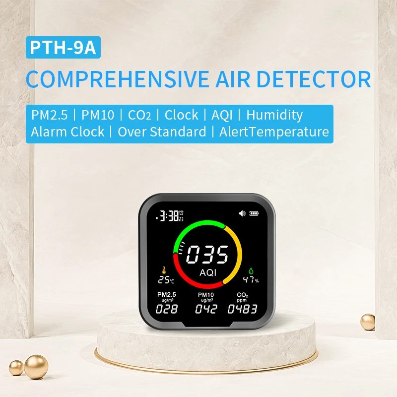 Detects AQI temperature and humidity Carbon Dioxide PM2.5 PM10 with Sound alarm PTH-9A Multi-function air monitor