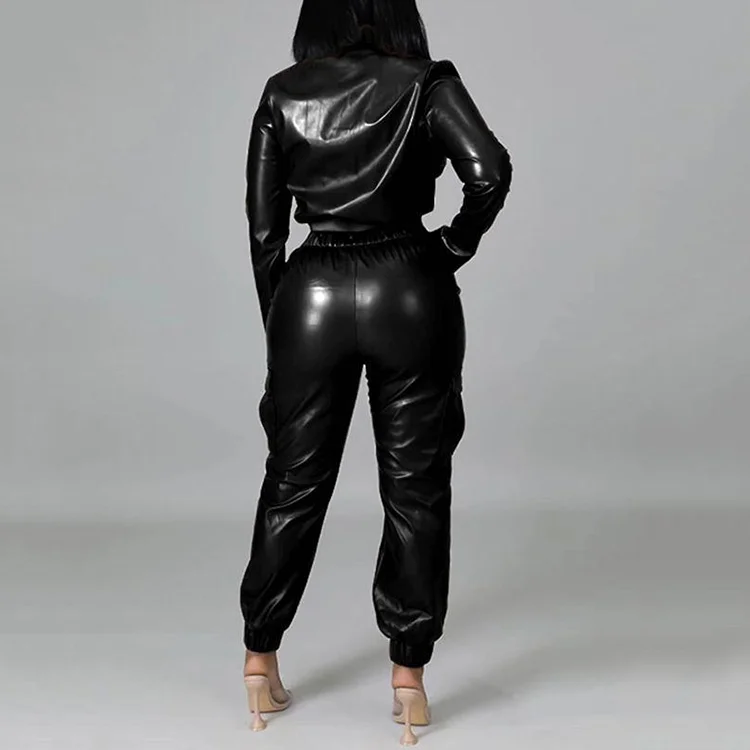 Women Fashion Pu Leather Jacket Set Long Sleeve Jacket Tops &Jogger Pants Two Piece Outfits Set