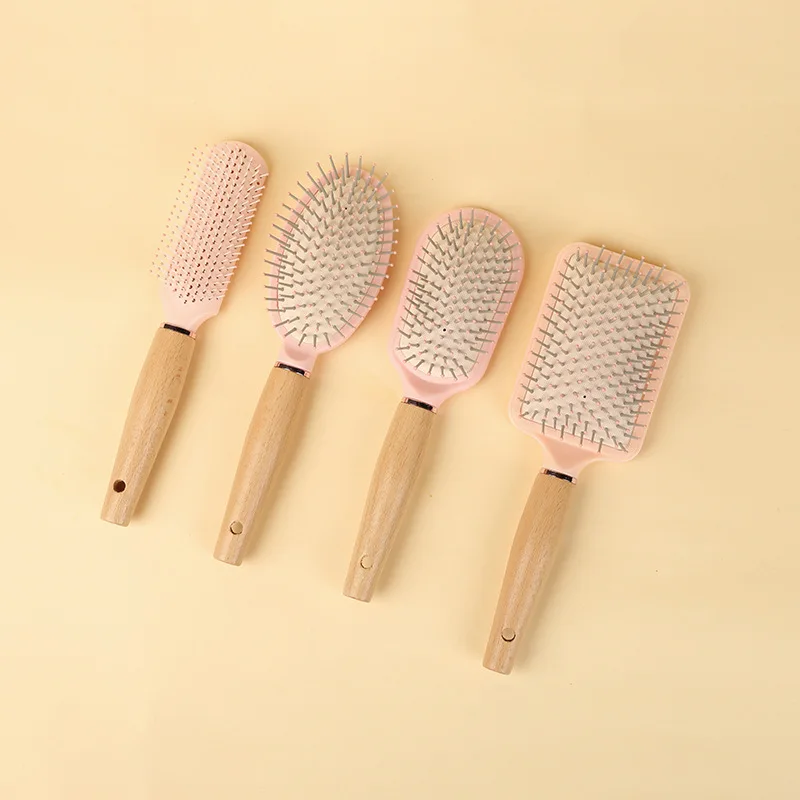 Custom Logo Bamboo Hair Brush Smoothing Hair Massage Anti-Static Hairbrush Natural Wood Comb with Metal Bristles for Women Men
