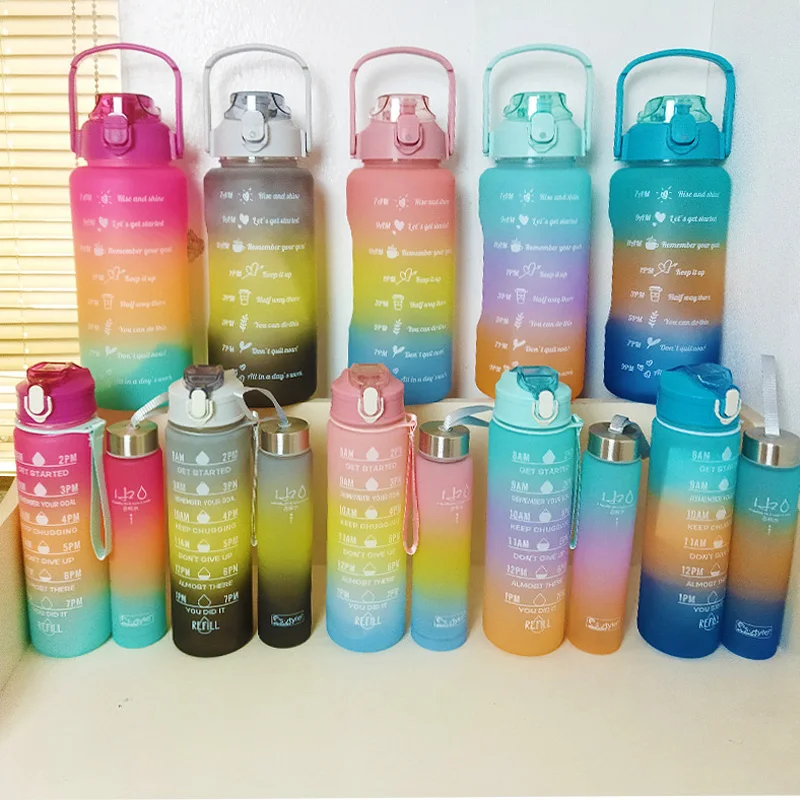Half Gallon Removable Straw Handle Bottle Fitness Sports 300ml 900ml 2000ml Set Motivational Water Bottle With Time Maker