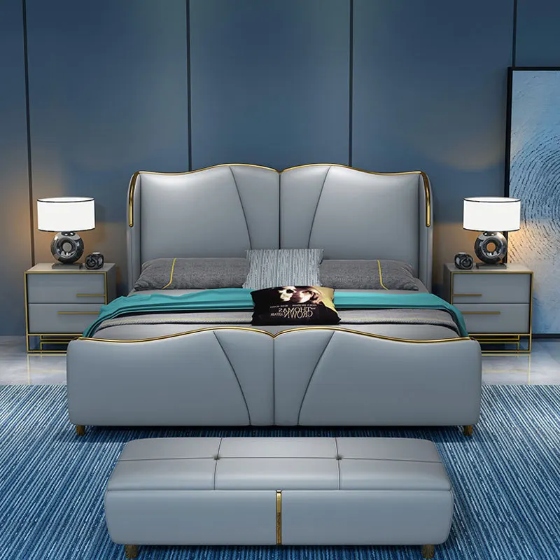 high quality solid wood bed design Hilton 5 star modern hotel Blue queen leather up-holstered beds furniture sets king size bed