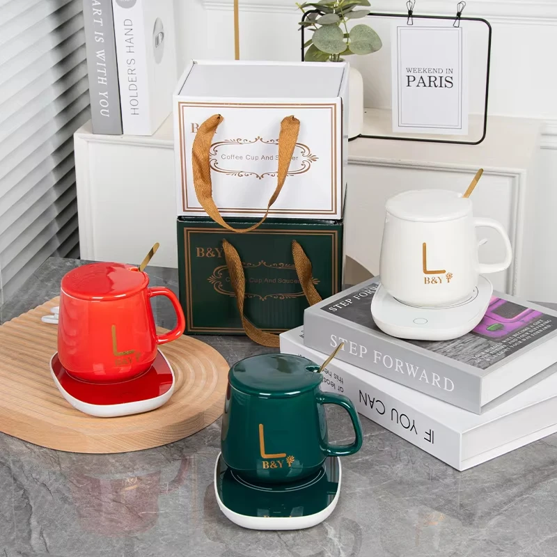 Hot Sale Custom Logo USB Office Home Gift Smart Ceramic Warmer Cup Heater Heating Pad Temperature Control Water Coffee Mug Set