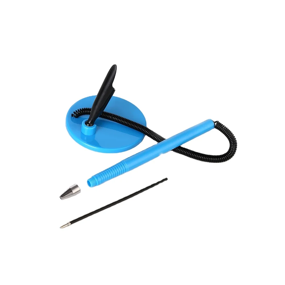 Promotional plastic slogan signing gel desk pen with chain desk stand plastic desk pen table pen with meta