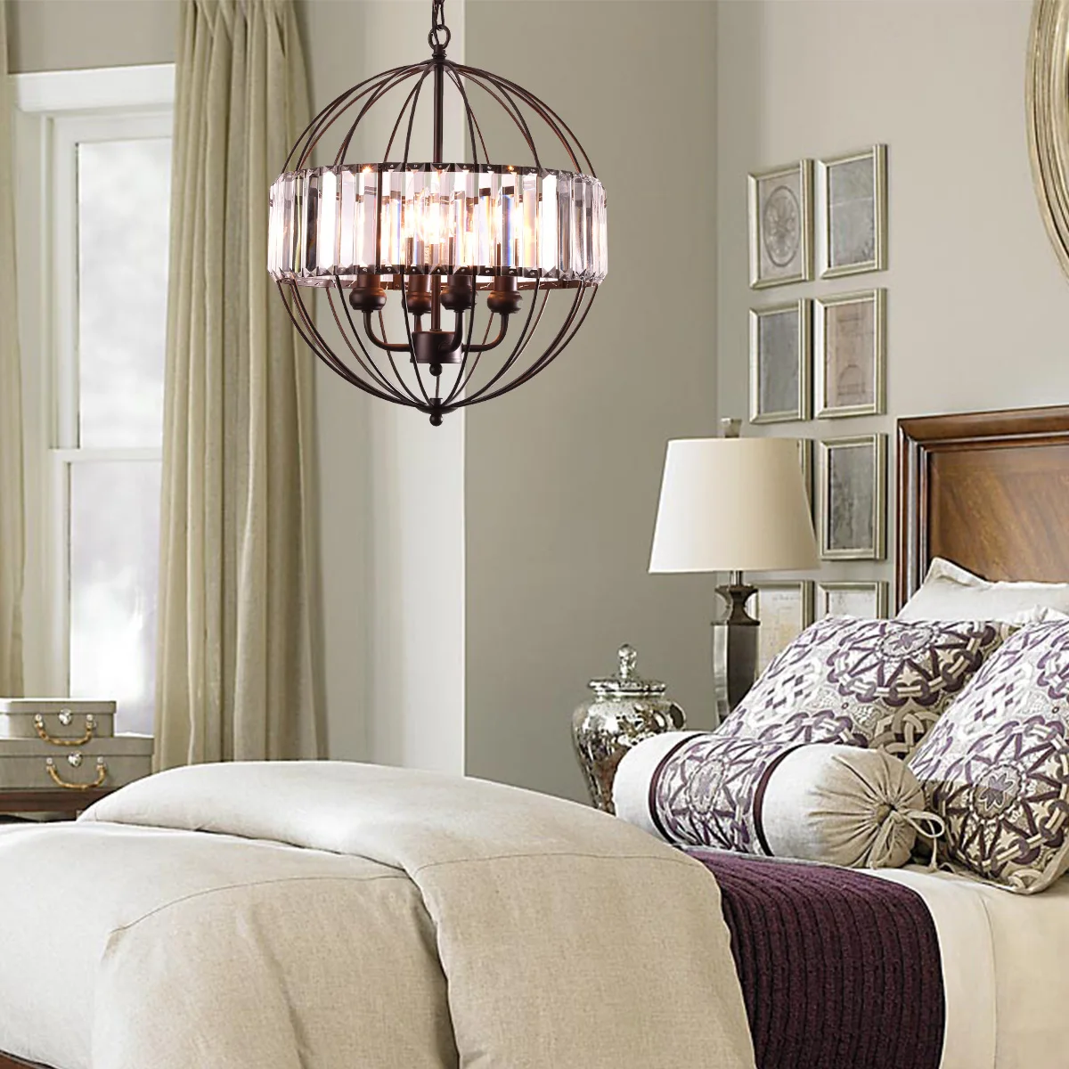 ETL Listed Vintage Metal Cage Crystal Chandeliers Pendant Lights Oil Rubbed Dark Bronze 4 of Candelabra Base