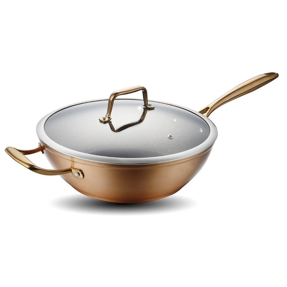 Forged Golden Marble Coating Wok With Lid, Wok Pan