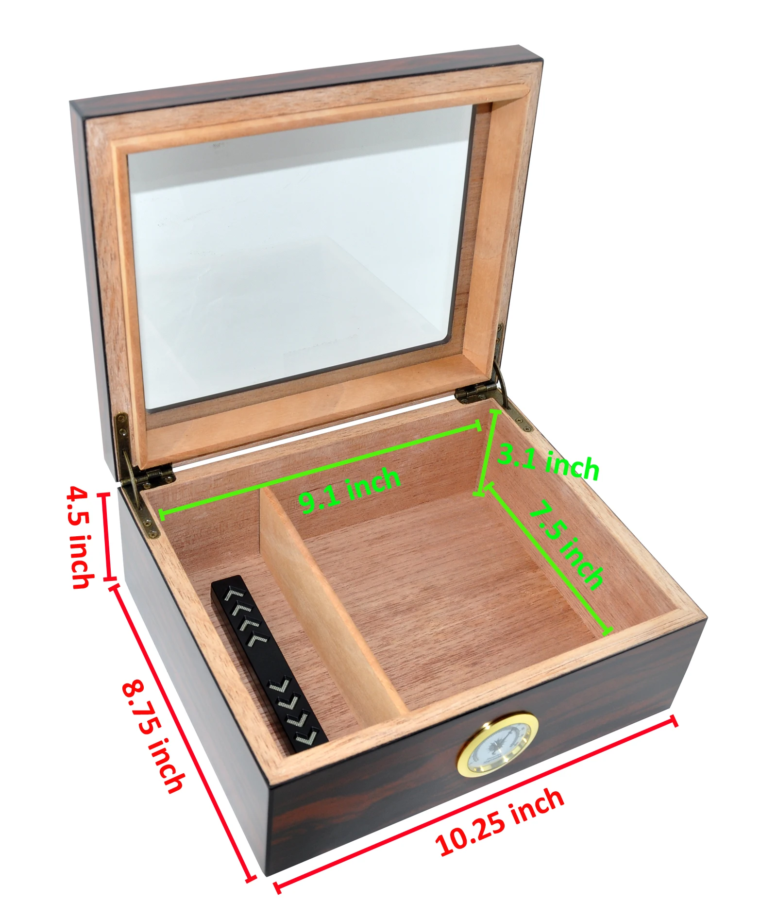 separate humidifier and hygrometer tempered glass top cedar lined wooden cigar humidor