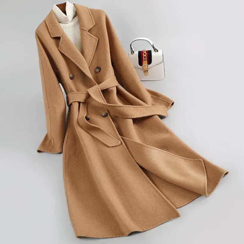 Ca mel cashmere coat medium length double-faced wool suede coat over knee