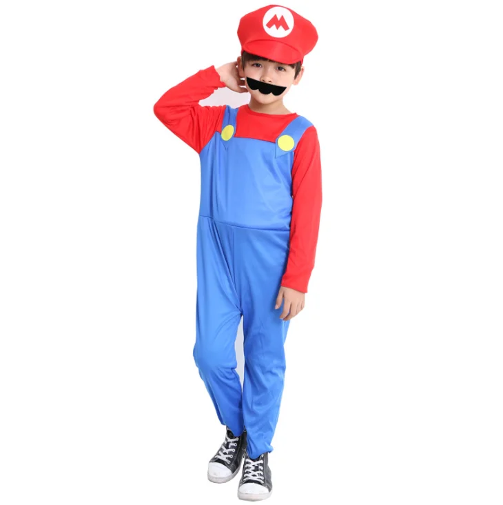 
HG Wholesale 2021 Halloween Cute Animation Cosplay Costume Mario suit theme Dance Costume Kids And Parents Clothes 