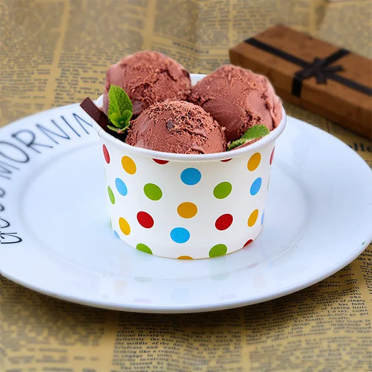 Custom Printed Polka Dot Environmental Protection Disposable 3oz 4 8 12 Oz Paper Frozen Milktea Ice Cream Cups With Lids