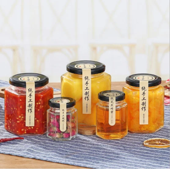 Food grade hexagonal honey glass jar jam pudding jar with screw metal lid 45ml 85ml 100ml 180ml 280ml 380ml 730ml