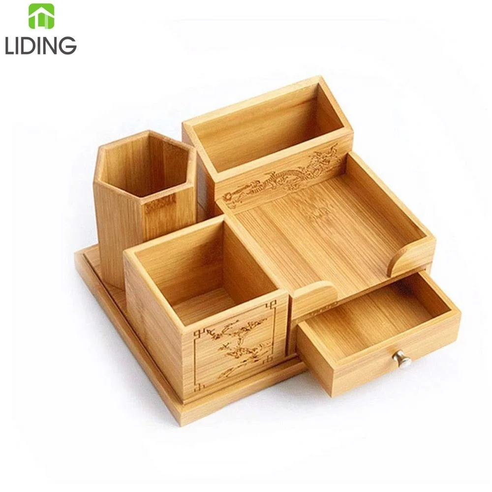 Bamboo Wooden Desk Organizer Pen Holder Accessories Storage Caddy with Drawer