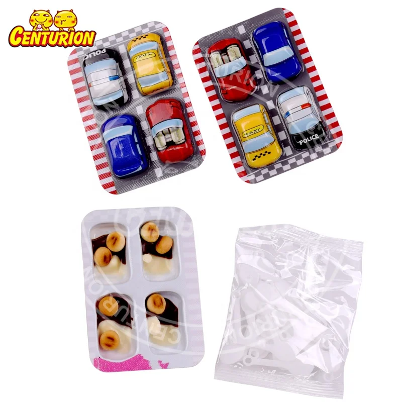 Wholesale new item 9 grams 4 in 1 cartoon mobilization car halal with biscuit ball surprise chocolate cup candy