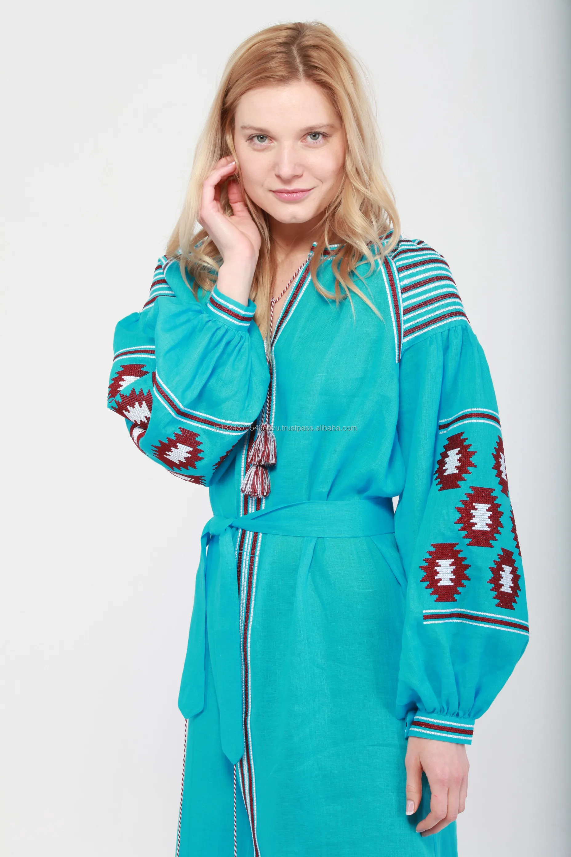 Hot Selling Exclusive Design Modern Fashion Sky Blue Women Long Dress Custom Embroidery Exquisite Patterns Hot Ukrainian Dress