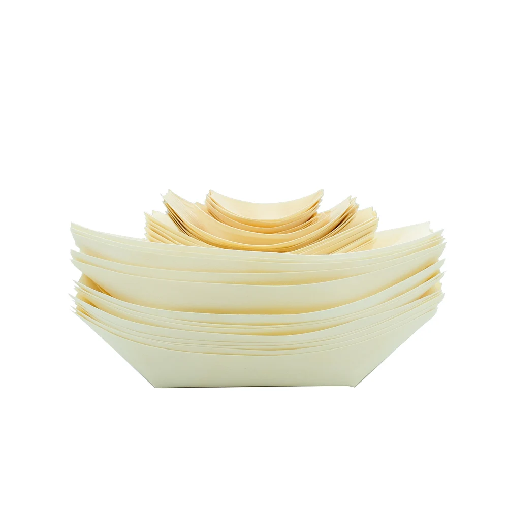 Hot Sale Party Japanese Disposable Bamboo Pine Wood Snack Box Cake Sea Food Serving Tray Boat for Food Display
