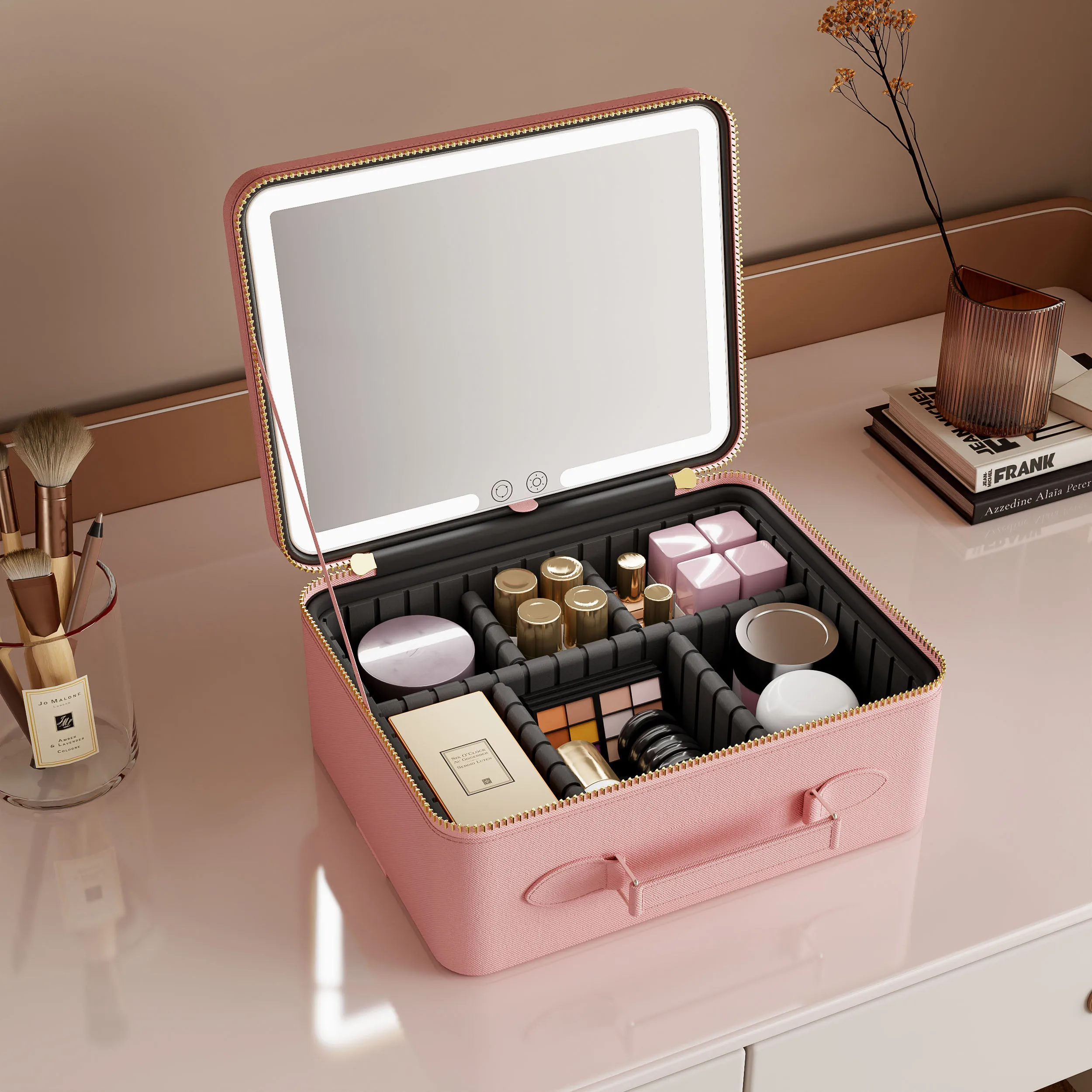 Custom Logo Supplier 3 Color Lighting Make Up Folding Travel Makeup Vanity Bag Case With Led Light Mirror