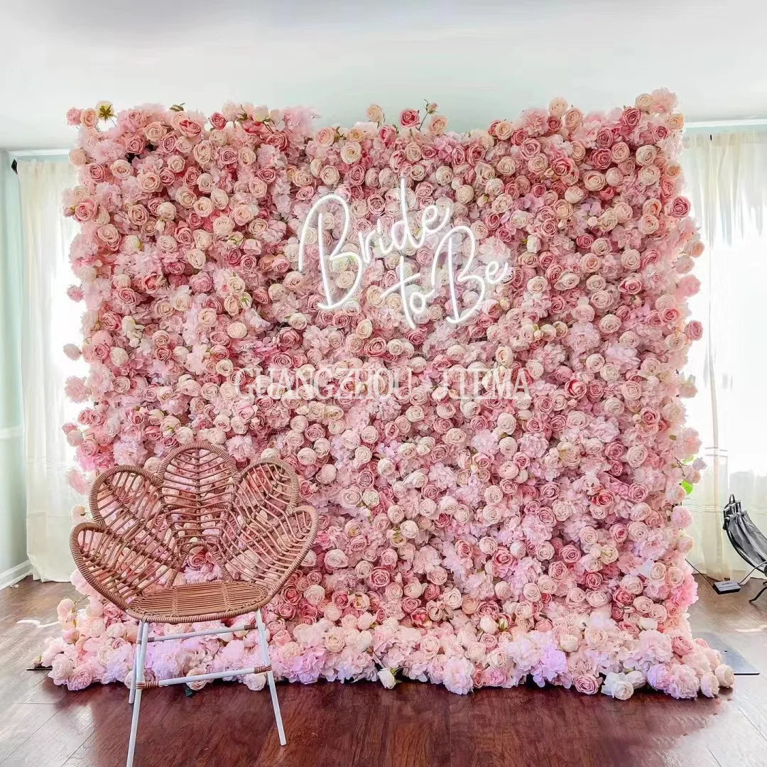 High Quality 8x8 Roll Up Silk Floral Panel Custom 3D/5D Pink Artificial Rose Flower Wall Backdrop Wedding Decoration Background