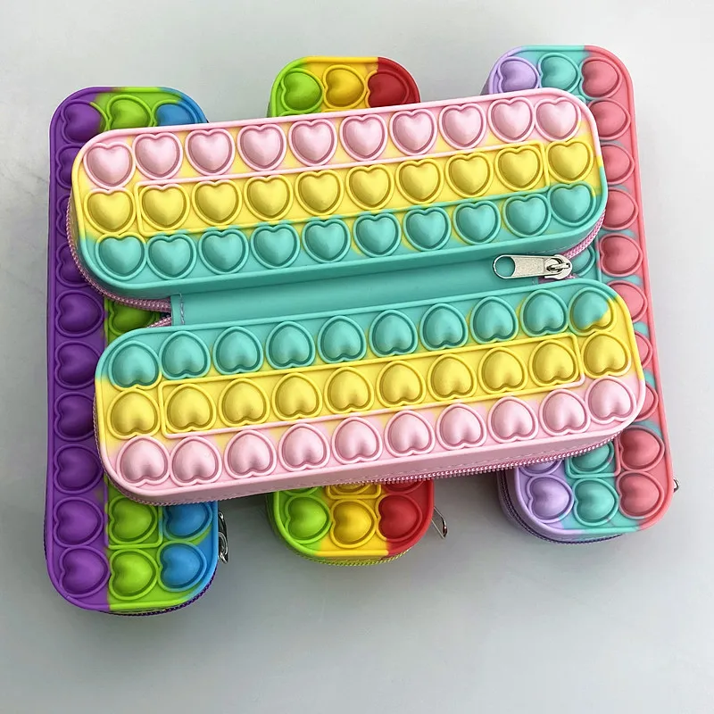 Silicone Fidget itting Sensory Toys Storage Makeup Bag Colorful Pop Pencil Case Push Bubble Pencil popets bag with heart