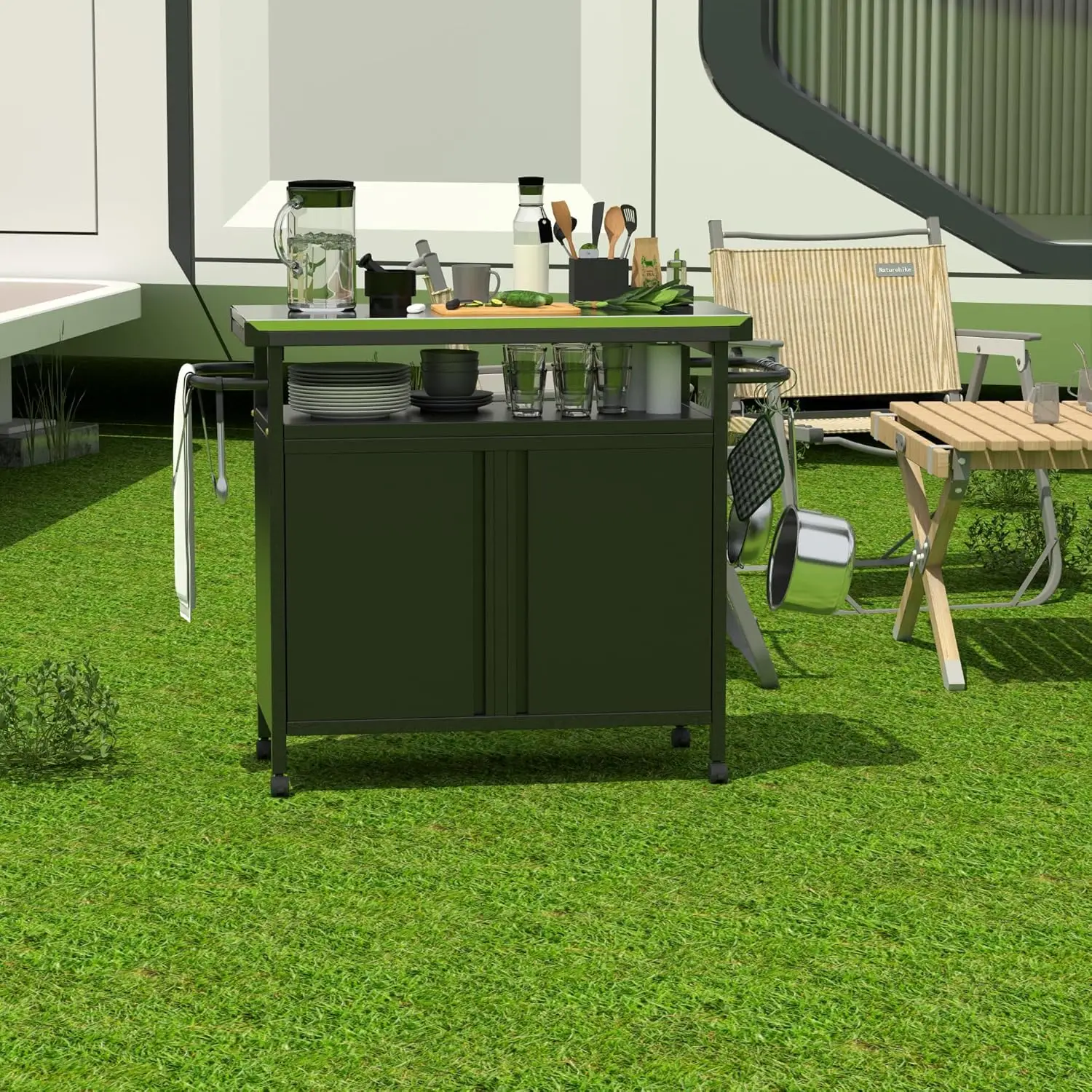 Movable Portable Outdoor Grill Prep Table Grill Cabinet Kitchen Rolling Cart with Storage Kitchen Island Cart on Wheels