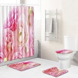 3d print bathroom curtains natural scenery Four-piece set with bath rug toilet seat cover mat, shower curtain set for bathroom