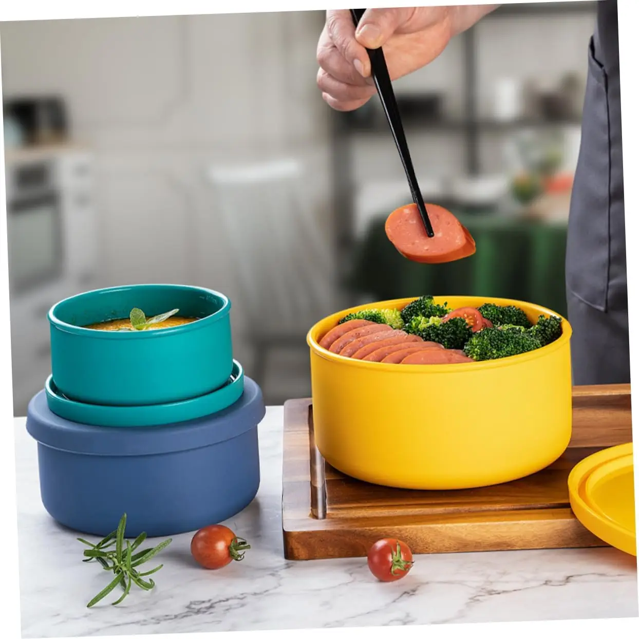 Reusable Round Children Silicone Lunch Box with Lid Durable Leak Proof Lunch Box Kitchen Food Storage Snack Bowl