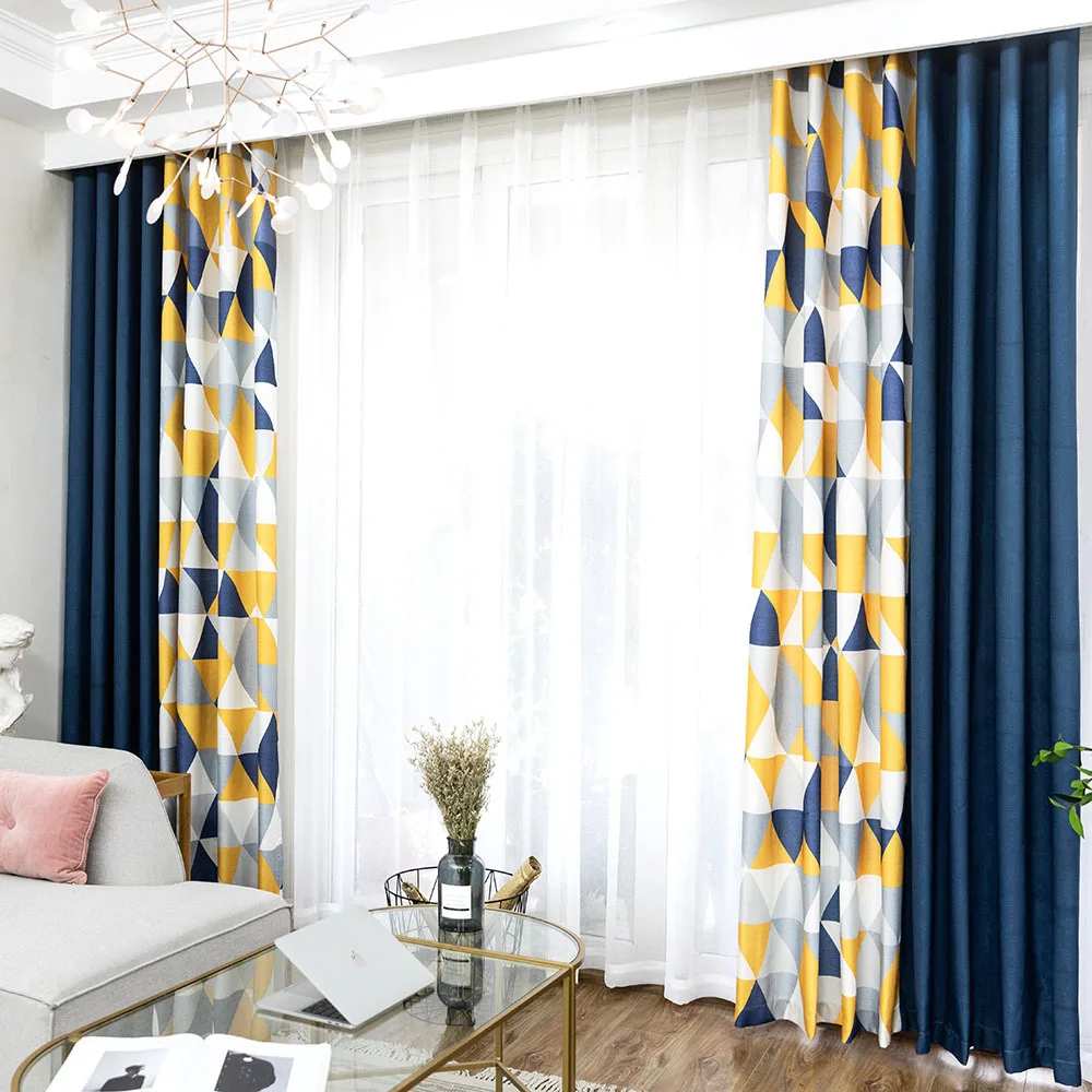 Nordic Style Printed Soft Blackout Sound Insulation Meteor Linen Triangle Printing Stitching Curtain Rideaux Salon Moderne