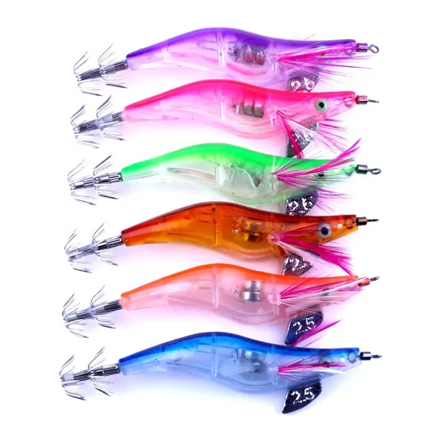 10cm 12.5g 6 Colors LED Electronic Luminous Shrimp Lure 4 Inch Night Fishing Wood Squid Jig LED Light Squid Jigs Lures
