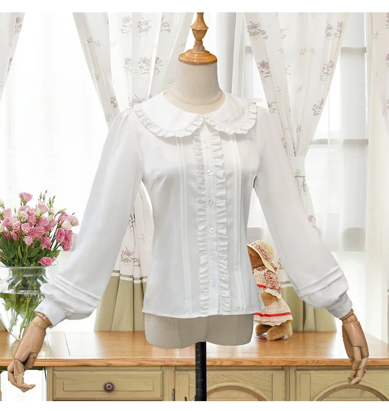 Korean Style White Color Peter Pan Collar Chiffon Long Sleeve Fashion Lady Lolita Cute Shirt Blouse