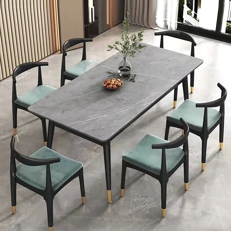 BKX modern 6 seater rectangular marble top dining table set with chairs modern aluminum base ceramic table