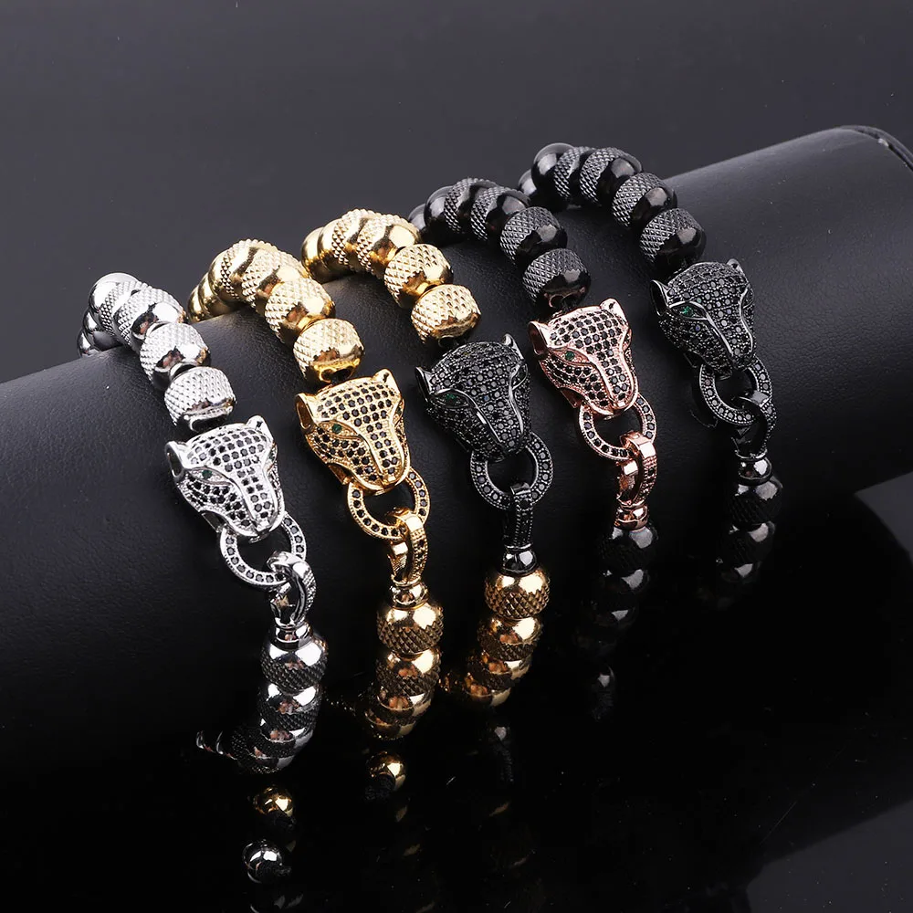 New Design Men Bracelet Stainless Steel Beads CZ Leopard Macrame Bracelet WIth Custom Logo JBS12701