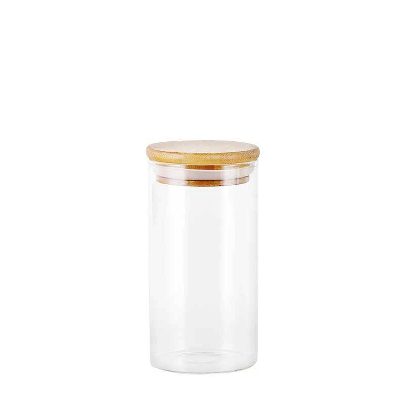 Clear Cylinder Containers With Wooden Bamboo Lid High Borosilicate Glass Food Storage Jars Glass Bottle Packaging Storage Jar Cu