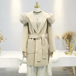 100% Cashmere Coat Women with Belt Real Fox Fur Trim Double Faced Wool Coat