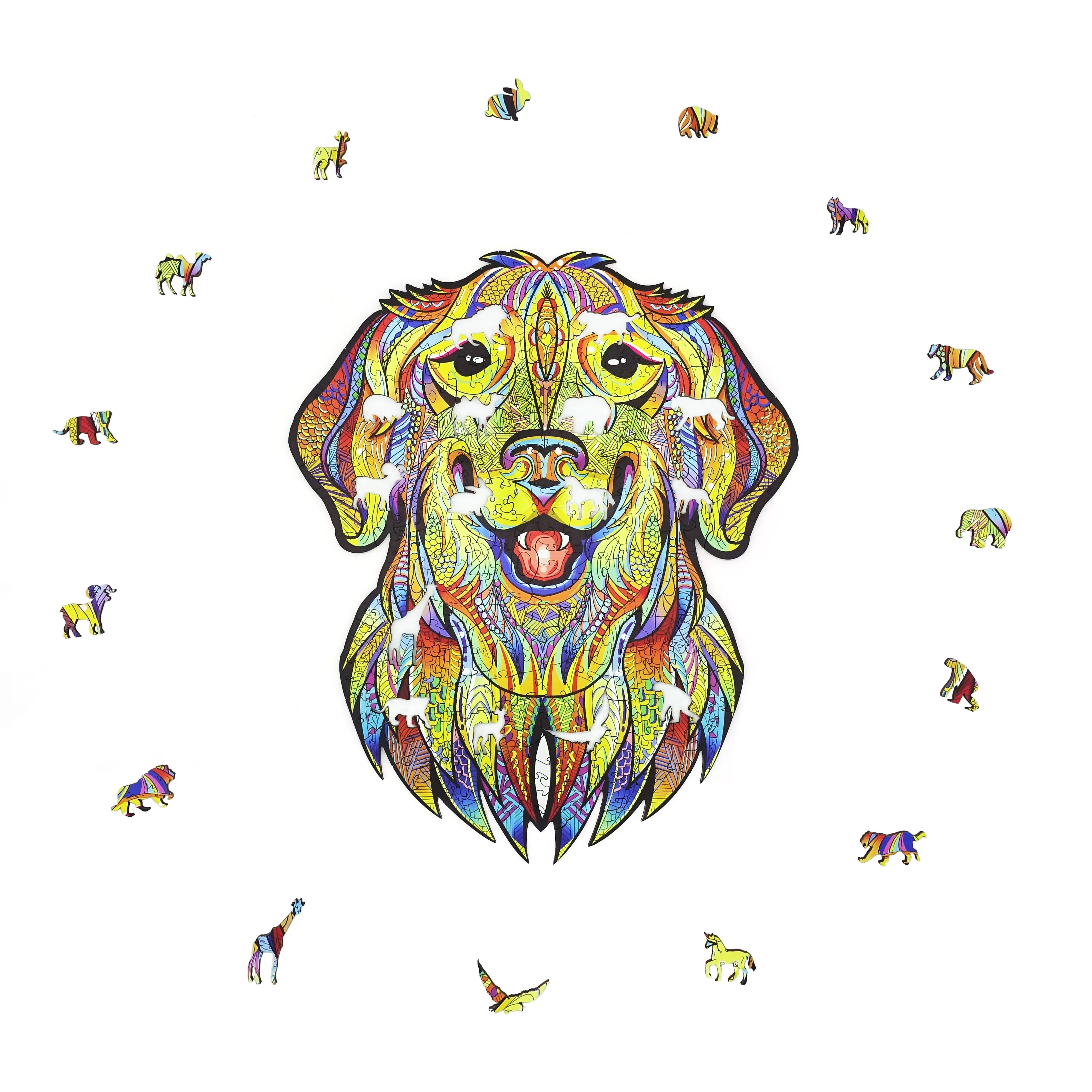 Wholesale High Quality Lion Natural Wooden Jigsaw Puzzle Animal Shaped Toys Puzzle Game  For Adults